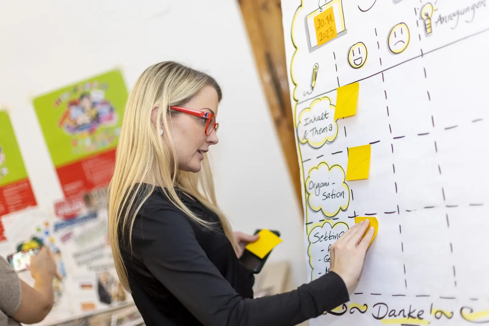 Eine Frau klebt Post-its auf ein Flipchart